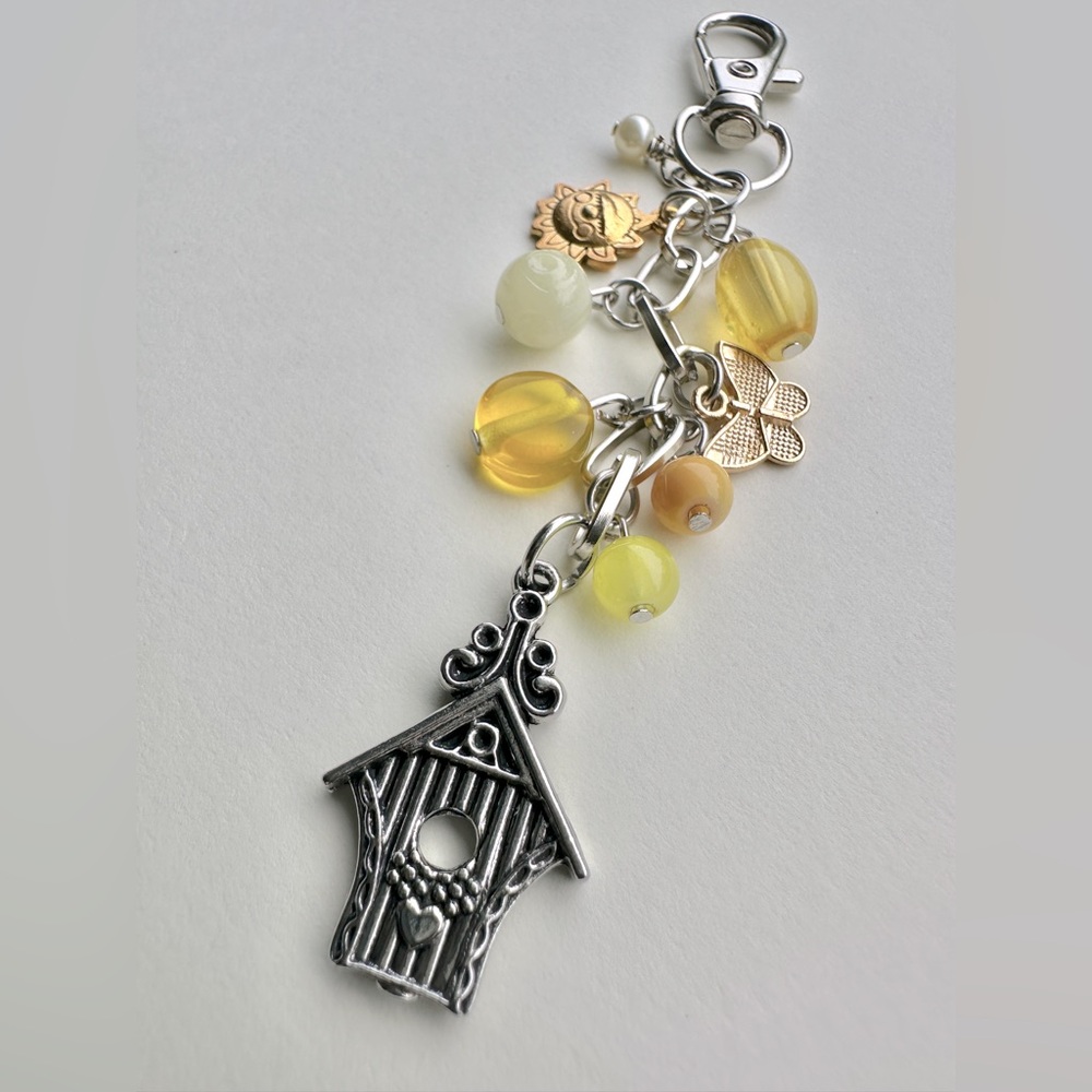 Sunshine 4.5" Yellow & Silver Birdhouse Bag Charm Purse Backpack Accy. - Handmad - Picture 3 of 3